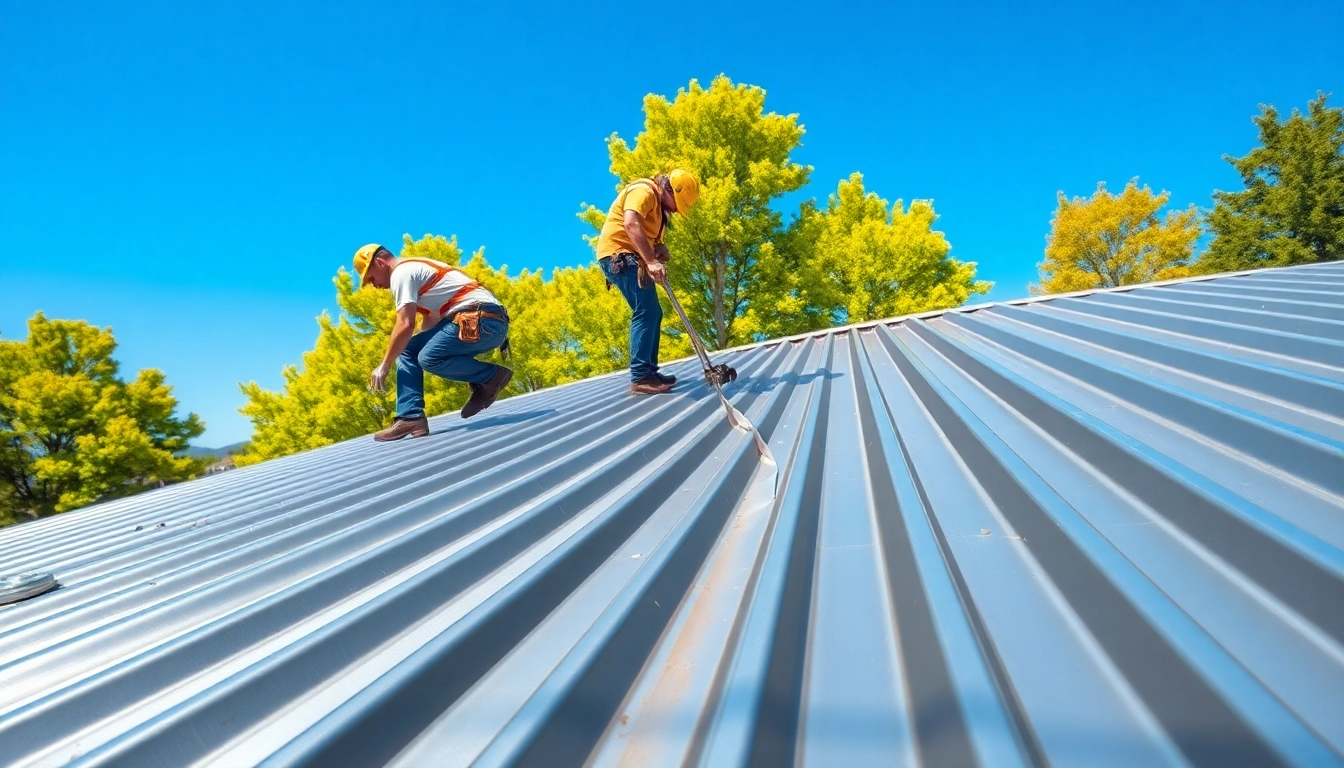Roofers installing durable metal roofing on a suburban home, displaying craftsmanship.