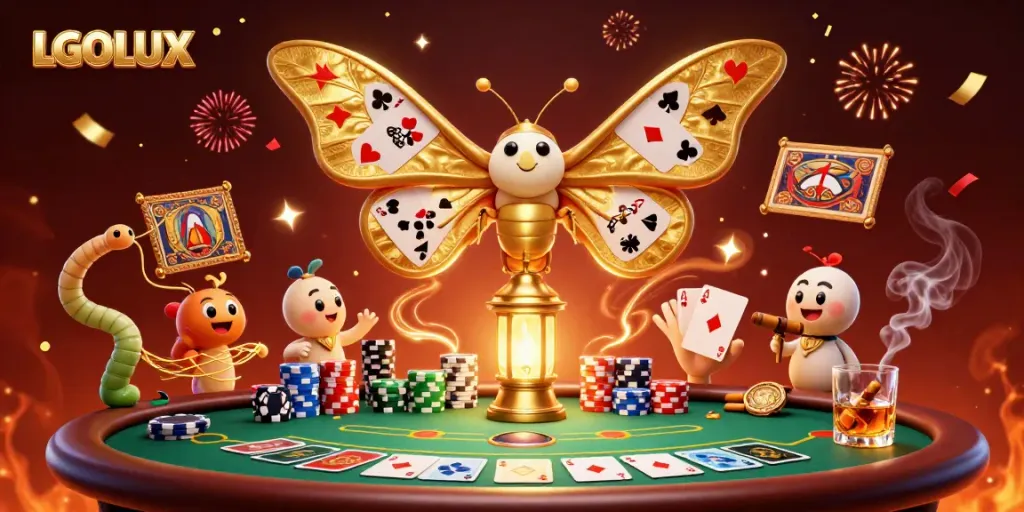 Experience thrilling gameplay at LGOLUX with a vibrant casino scene featuring an atlas moth and poker elements.