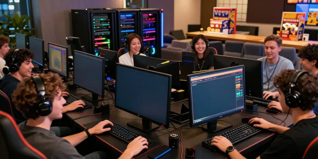 Bro138 gaming hub featuring players enjoying slot games in a vibrant, tech-savvy environment.