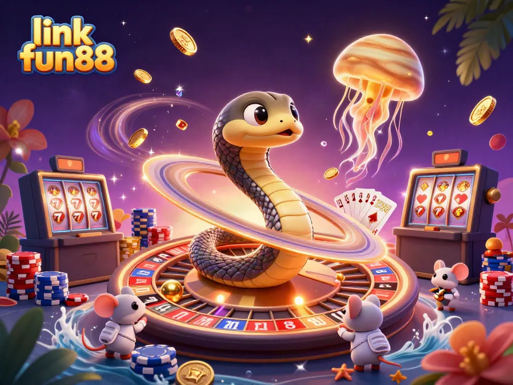 Win big with link fun88 in this vibrant 3D casino scene featuring playful characters and immersive gambling elements.