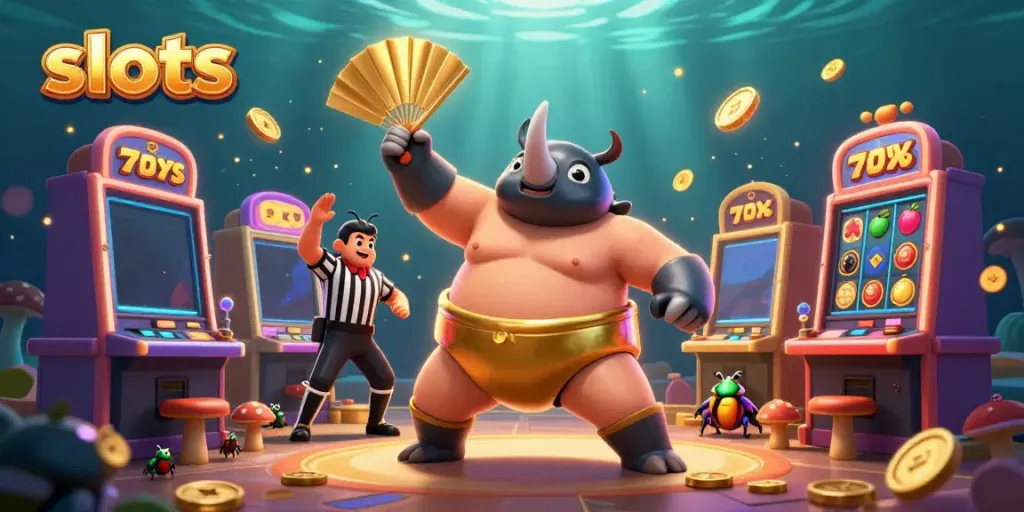 Experience thrilling slots action with a rhinoceros beetle champion surrounded by glowing slot machines and coins.