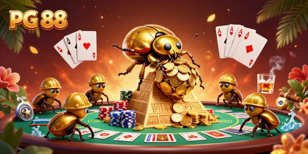 Experience thrilling gameplay with PG 88 featuring golden beetles rolling coins in a vibrant casino scene.