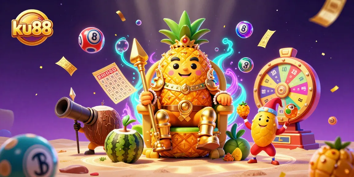 Engage with ku88's vibrant beach casino scene featuring the golden pineapple king and dynamic lottery elements.