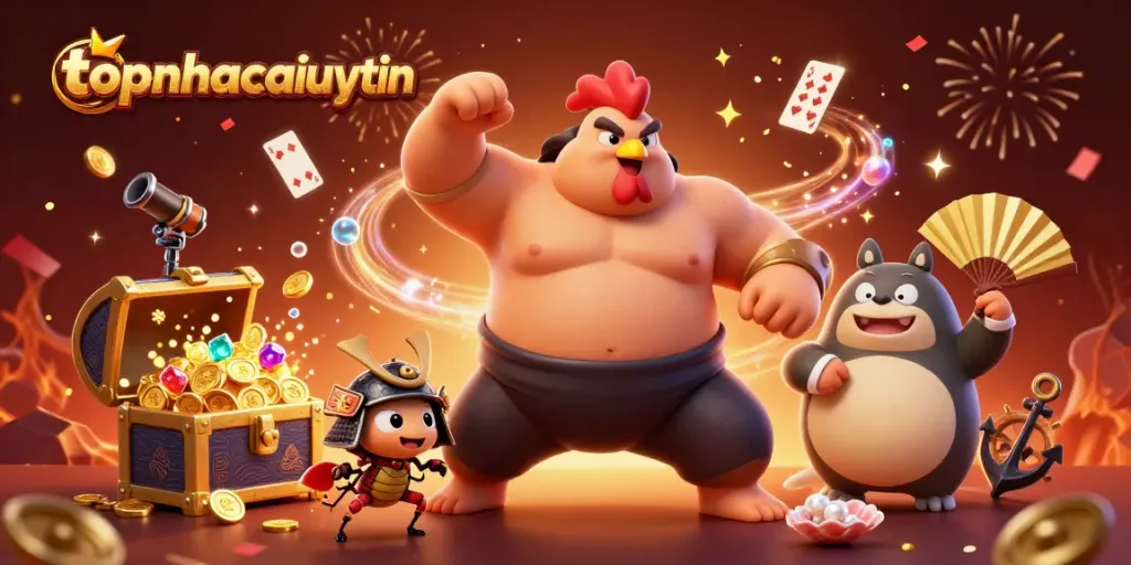 Topnhacaiuytin features a powerful sumo wrestler rooster amid sparkling casino elements and treasures.