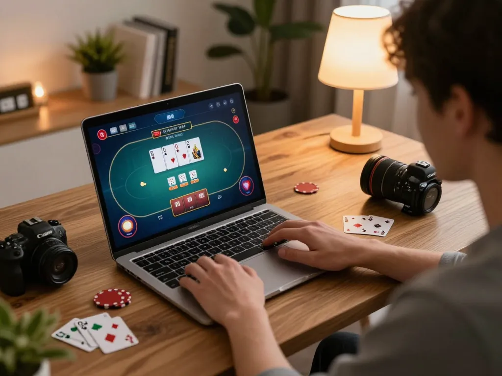 Player engaging in online sc88 poker game on a laptop in a cozy setting