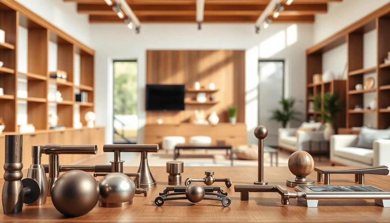 Showcase of a wide range of products by a furniture hardware supplier in a professional showroom setting.