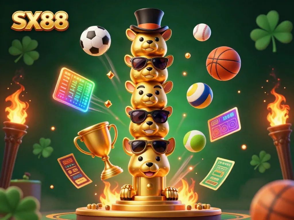 SX88 showcases a lively 3D casino scene featuring a totem pole and dynamic sports betting elements.