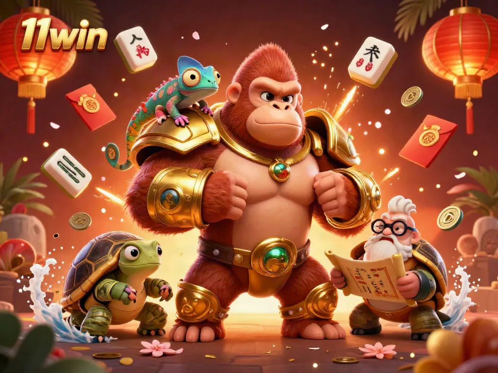 Experience the thrill of 11win with a powerful gorilla and companions amidst vibrant casino elements.
