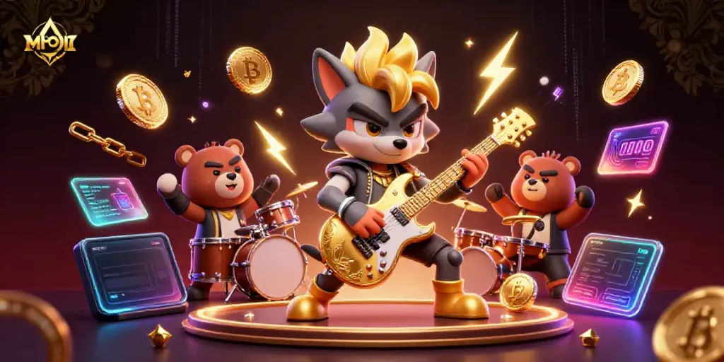 Experience the thrill of gambling with MPOID as a cartoon wolf and bear rock out on stage.