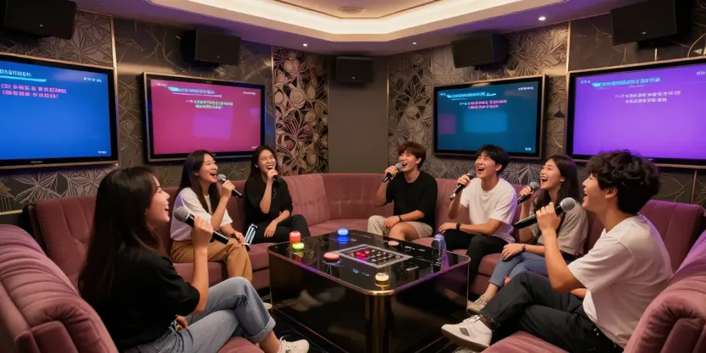 강남 달토의 고급스러운 가라오케 룸에서 친구들이 노래를 부르며 즐거운 시간을 보내는 모습