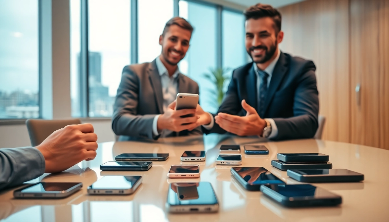 Instant Phone Buyer discussing transactions among smartphones in a professional office setting.