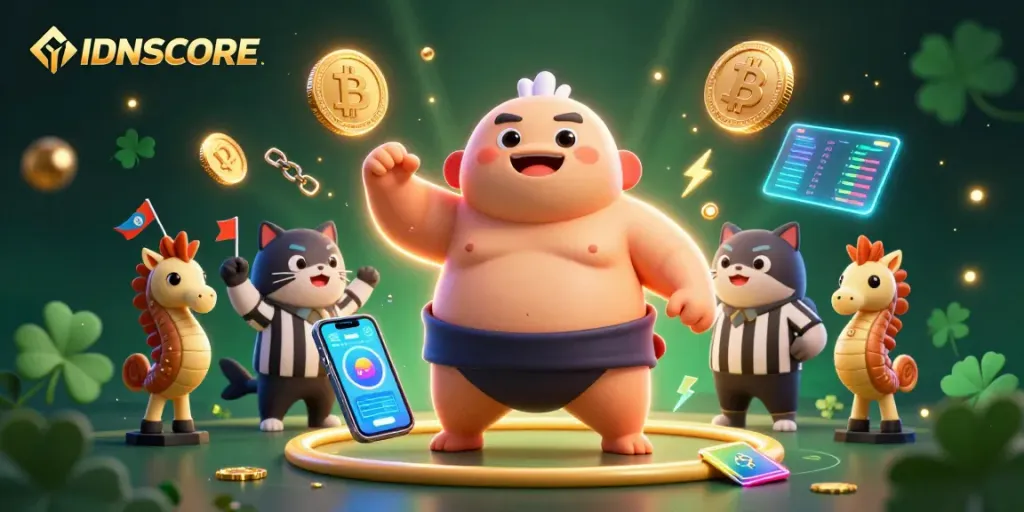 Place bets at IDNSCORE with a vibrant underwater scene showcasing unique casino characters.