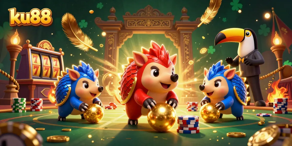 ku88 casino pangolins competing in a vibrant gambling arena with poker chips and golden coins.