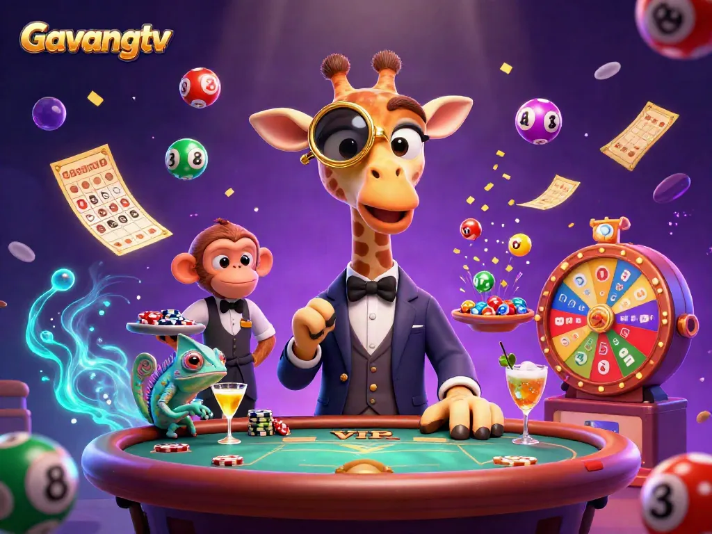 Experience the thrills of Gavangtv with a giraffe in a suit at a poker table amidst vibrant gambling elements.