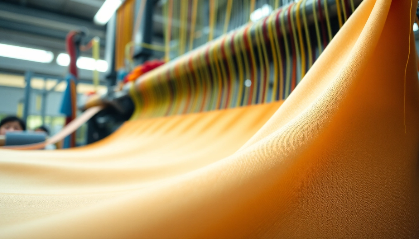 Viscose fabric showcased in a textile workshop with vibrant threads and weaving machine.