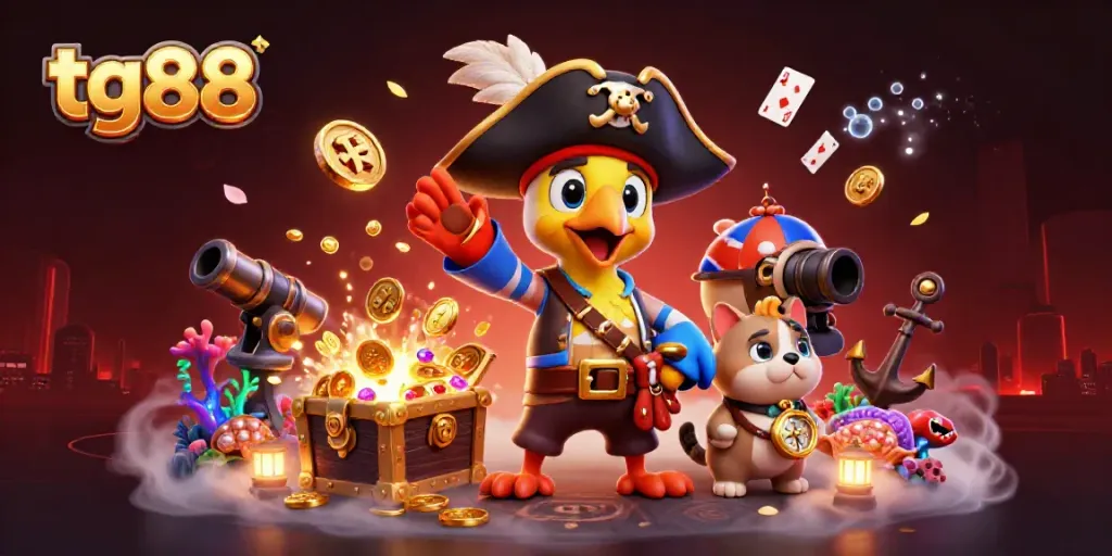 Engage in thrilling adventure at TG88 with vibrant slot reels and pirate characters.