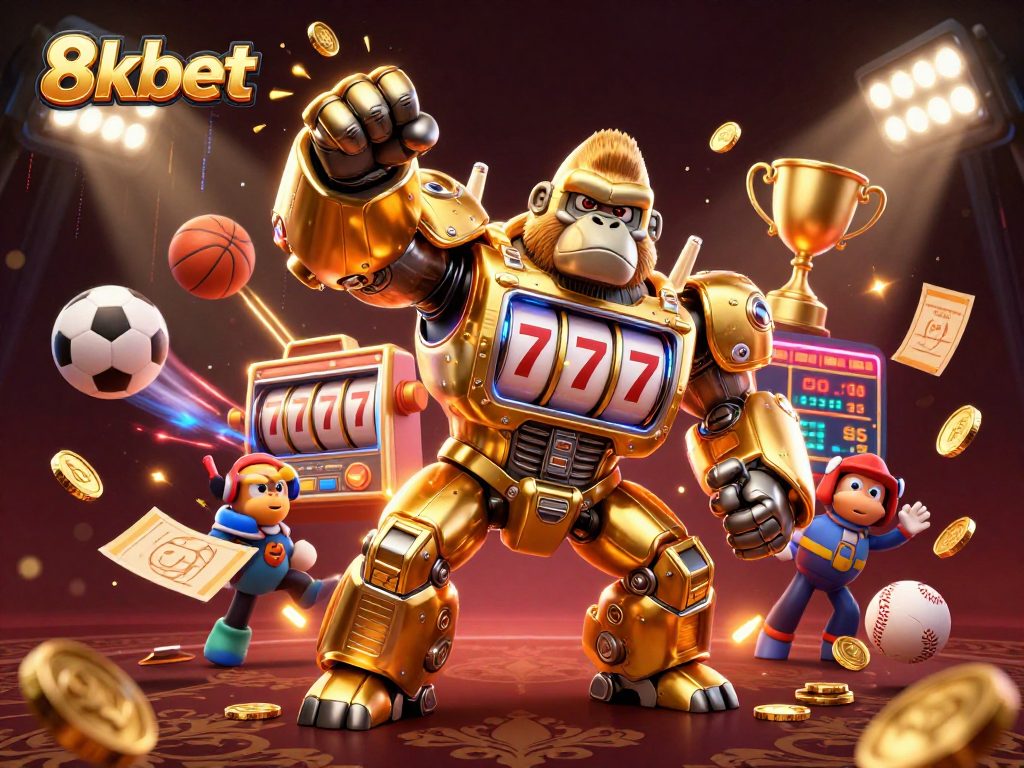 Experience thrilling moments with 8xbet’s dynamic gambling scene featuring a golden mech and sports elements.