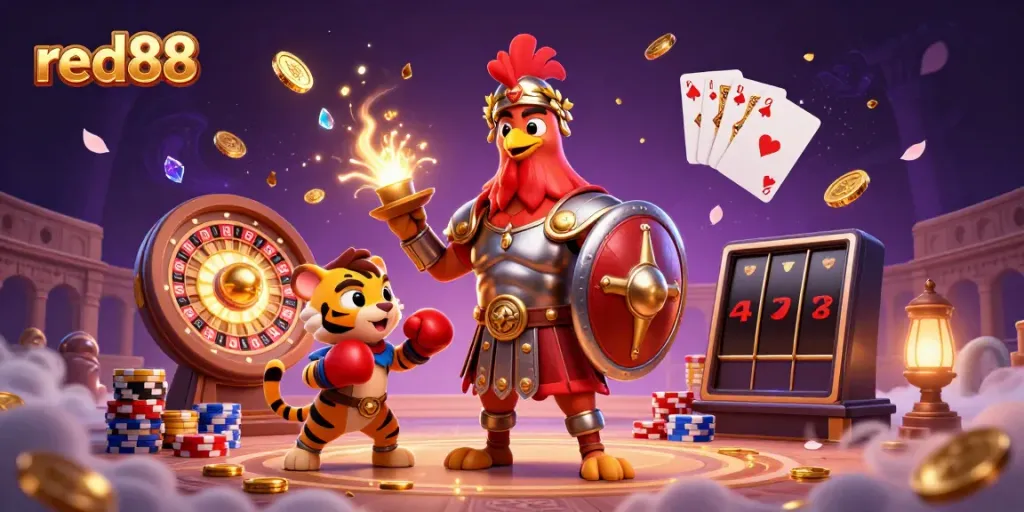 Red88's lively casino scene featuring a gladiator rooster and sparkling game elements illustrating dynamic gambling action.