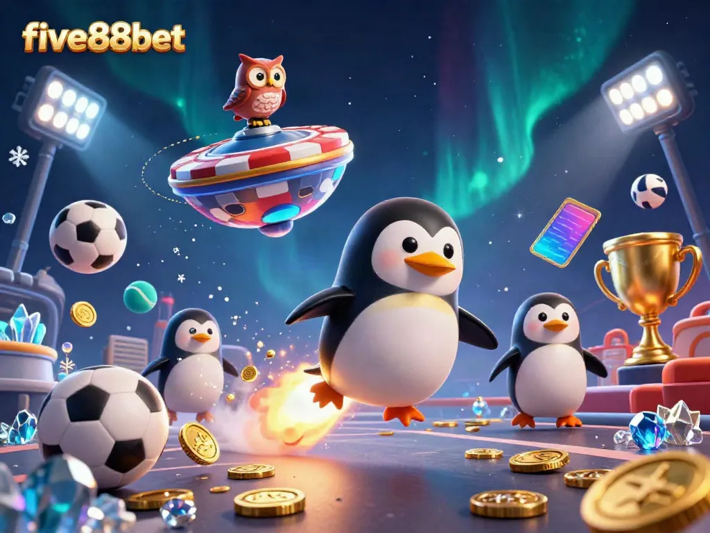 Experience thrilling moments in five88bet with dynamic 3D assets showcasing a golden penguin and casino elements.