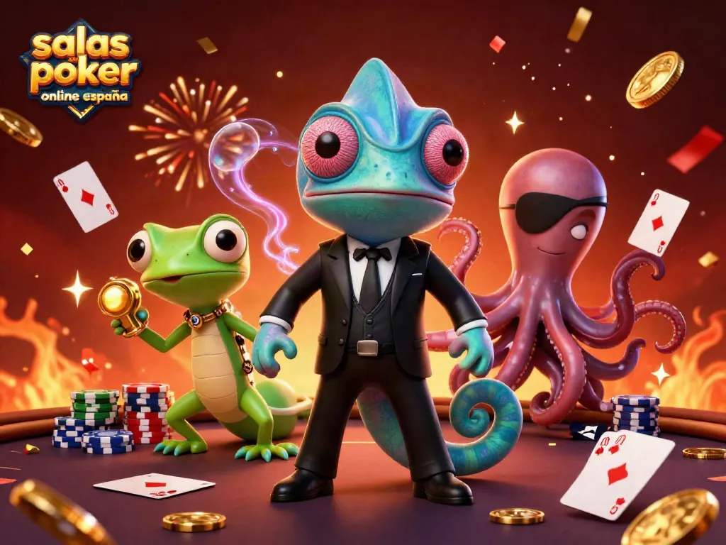 Salas de poker online España, ilustra una escena vibrante con personajes en acción y dinámica de juego.