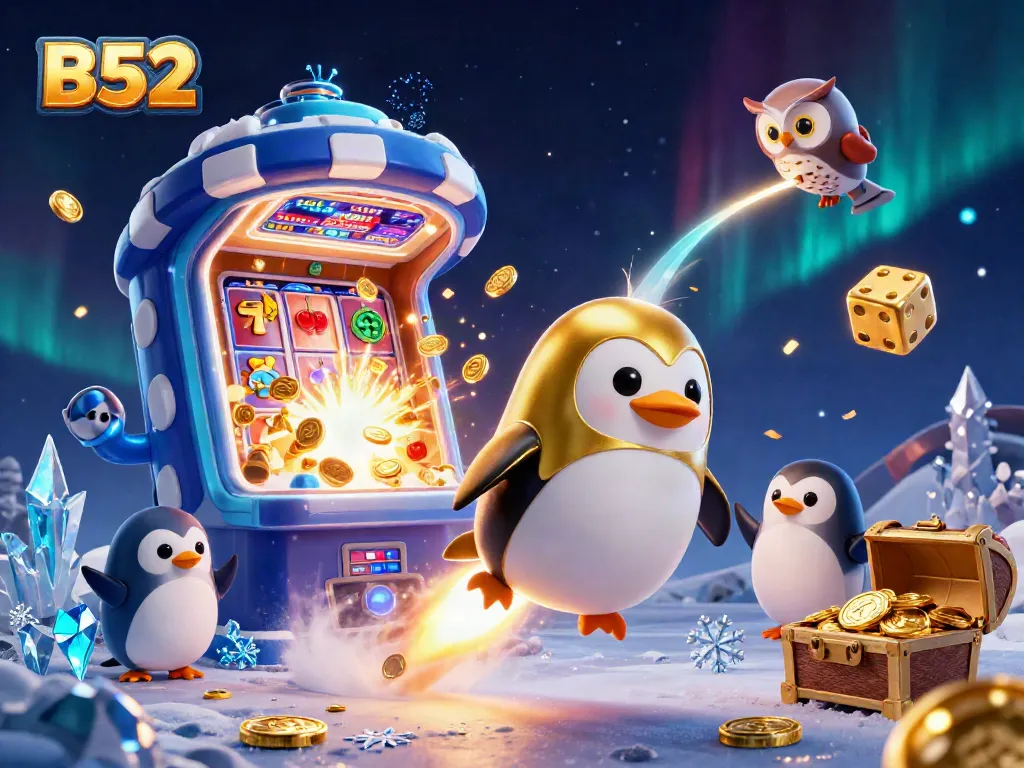 B52 penguin rocket flying to a casino, bursting with jackpot excitement and colorful symbols