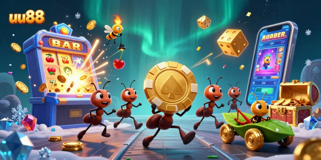 Experience thrilling heists with uu88, featuring ants and casino treasures in an exciting 3D scene.