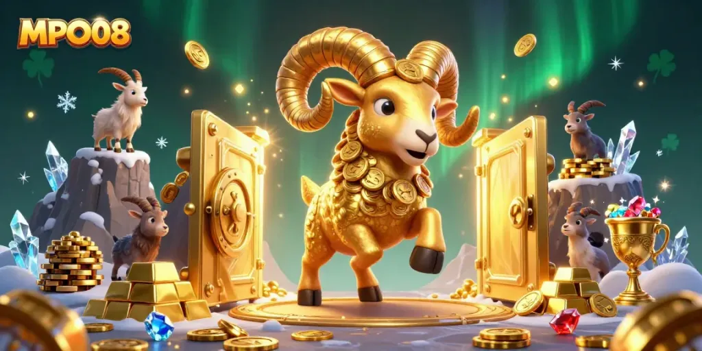 MPO08 showcases a dynamic cartoon ram charging, surrounded by gold treasures and casino elements.