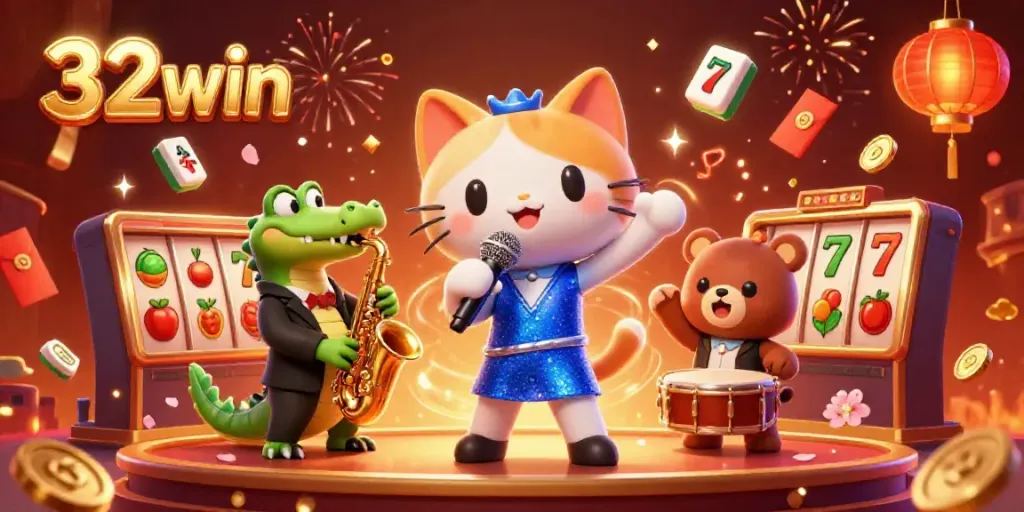 Engage with the vibrant casino scene featuring a jazzy 32win musical trio amidst floating game elements.