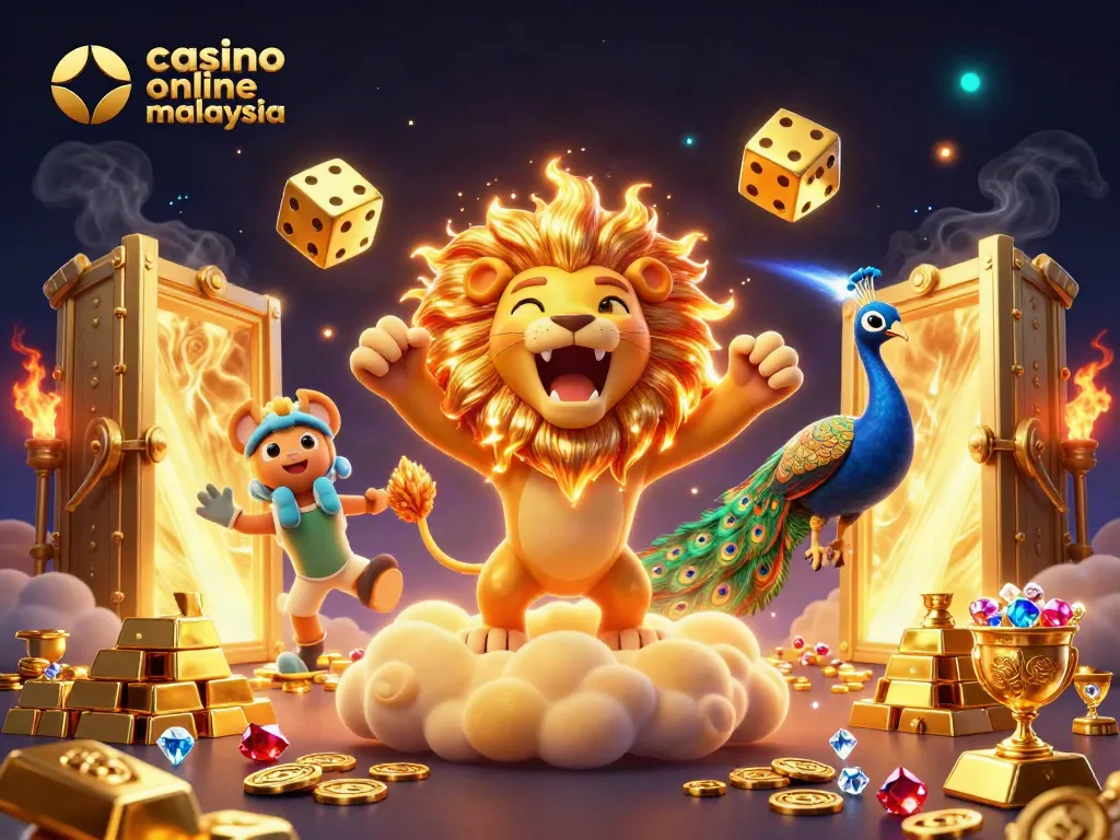 Engaging scene representing the lively world of casino online malaysia, featuring a roaring lion and sparkling gems.
