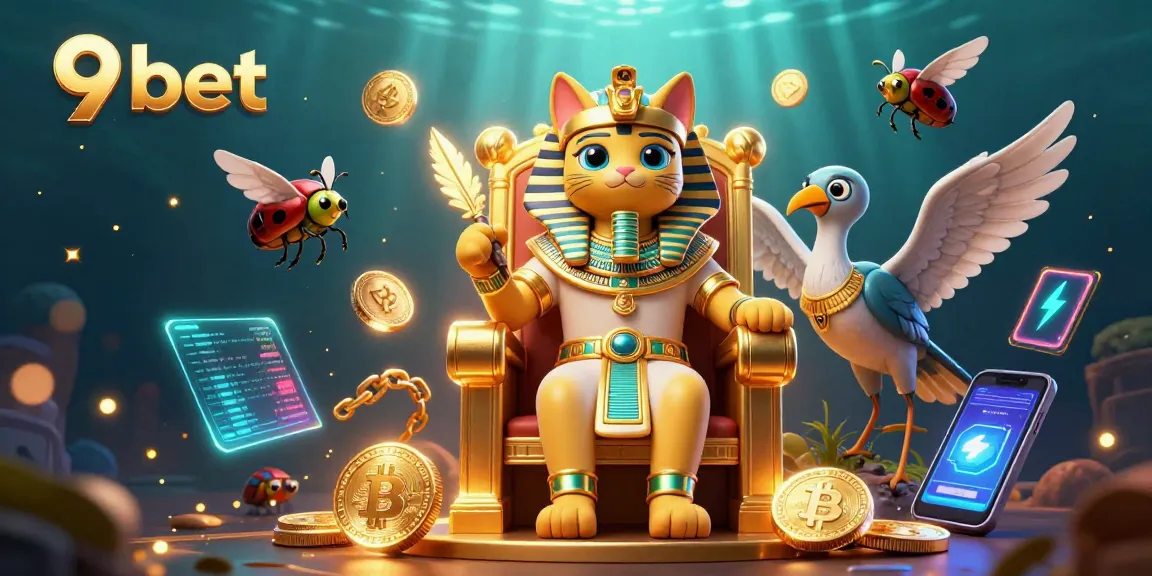 Bet on 9bet with a vibrant 3D casino scene featuring a pharaoh cat and crypto coins.