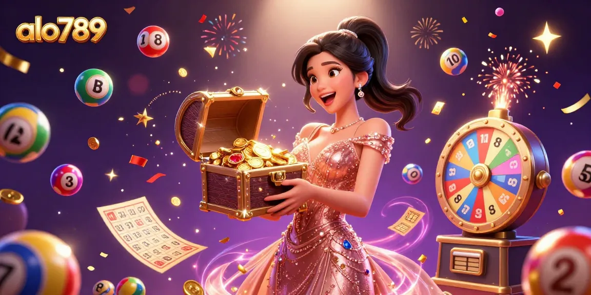 Alo789 offers engaging gaming excitement with vibrant lottery balls, treasure chest, and dynamic prizes.