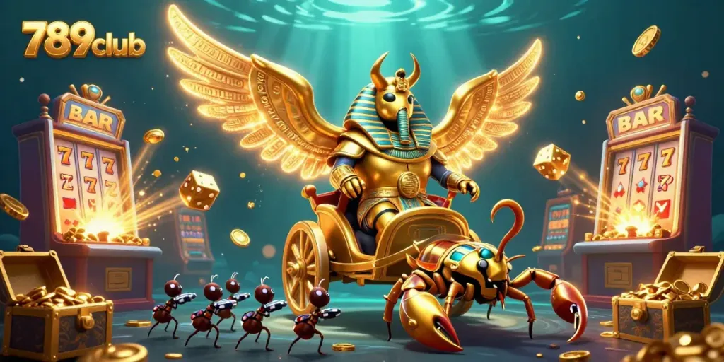 Experience exciting gameplay with 789club's thrilling jackpot scene featuring golden scarabs and slot machines.