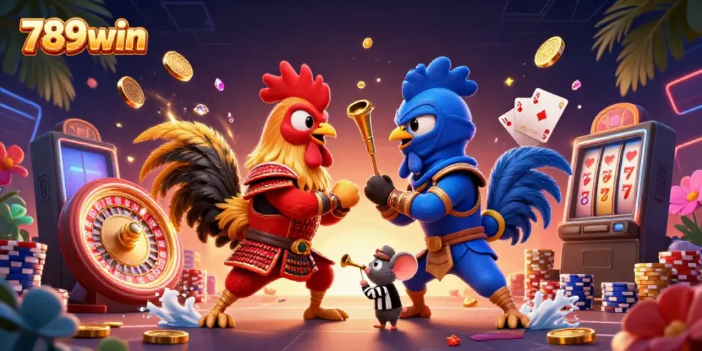 Experience thrilling battles with 789win's samurai and ninja roosters amidst flying coins and sparkling gems, celebrating online gaming.