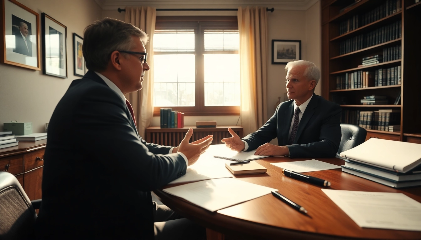 Engaging estate planning consultation scene with lawyer and client focused on documents.