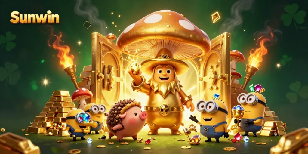 Experience the magical treasures of Sunwin in this vibrant 3D casino scene with wizards and gems.