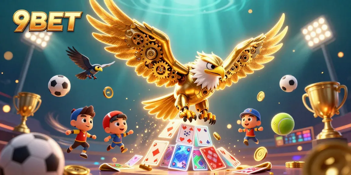 Experience the thrill of 9BET with an ultra-detailed 3D illustration of a golden eagle surrounded by exciting gaming elements.
