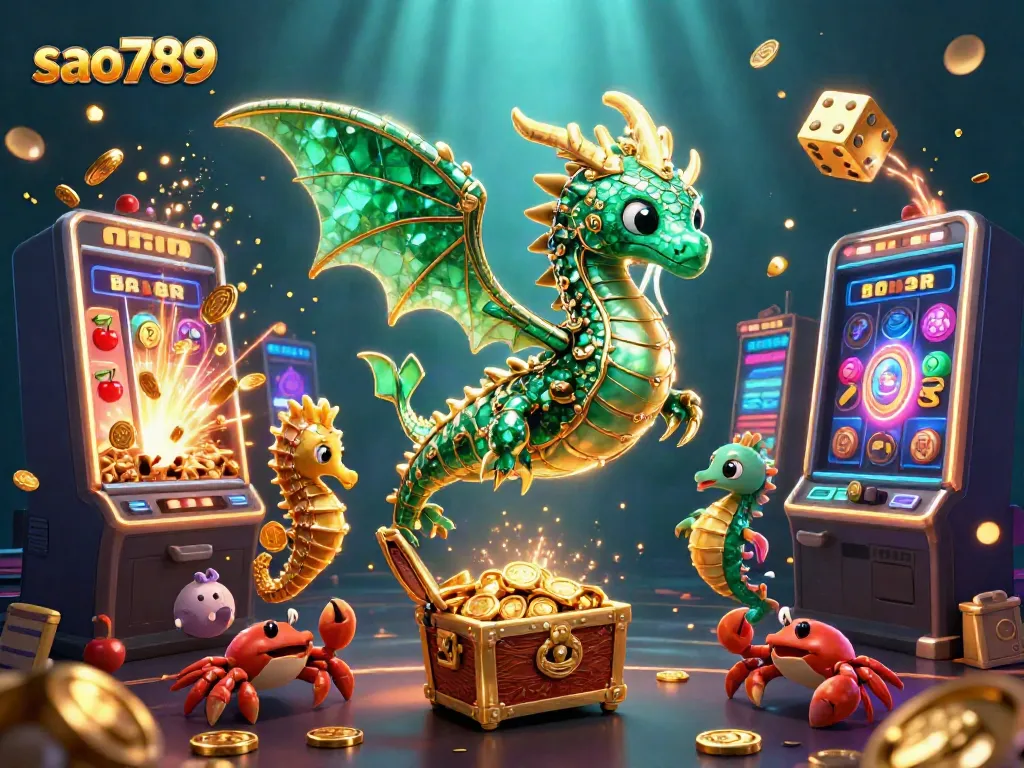 Sao789 sea dragon and treasure chest in a vibrant casino celebration scene