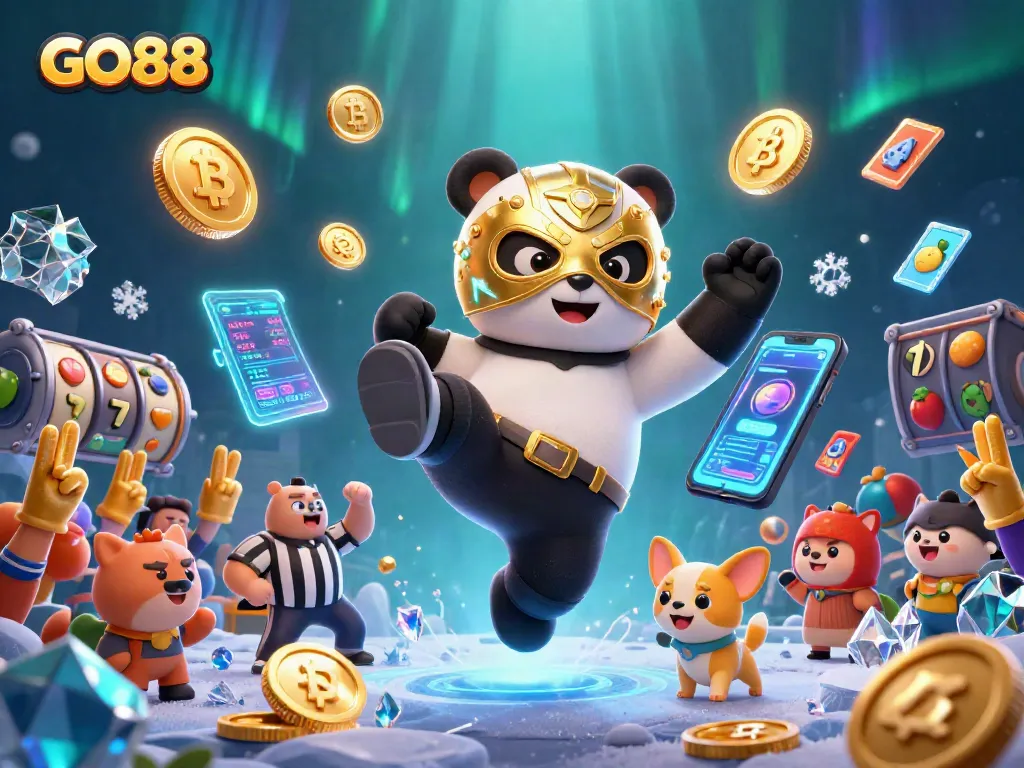 Engage with GO88's thrilling experience featuring a wrestler panda and exciting casino elements.