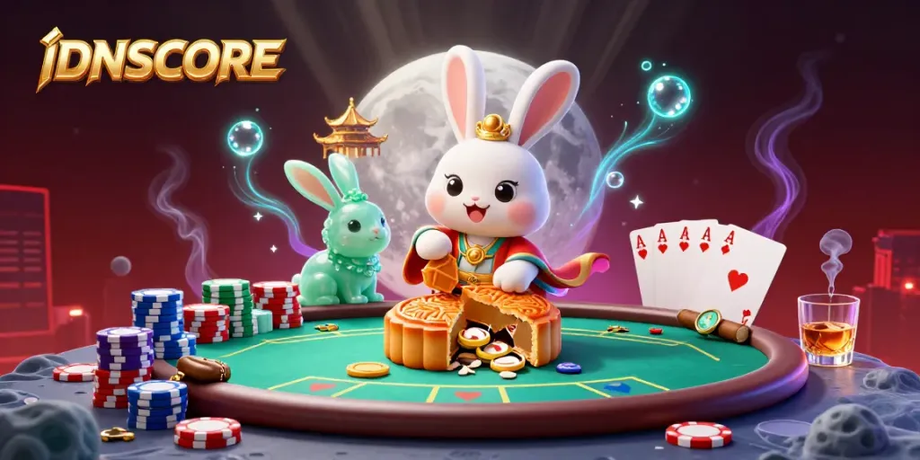 Experience the excitement of IDNSCORE with vibrant poker-themed lunar illustrations showcasing a moon rabbit theme.
