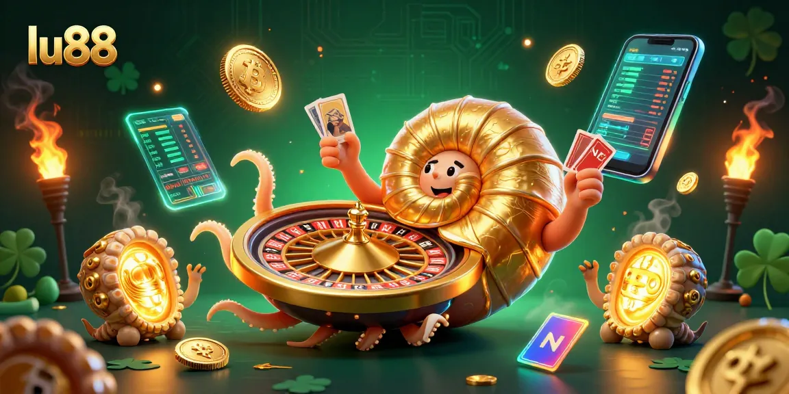 Engage with lu88's vibrant interactive scene showcasing a giant nautilus and glowing cryptocurrencies.