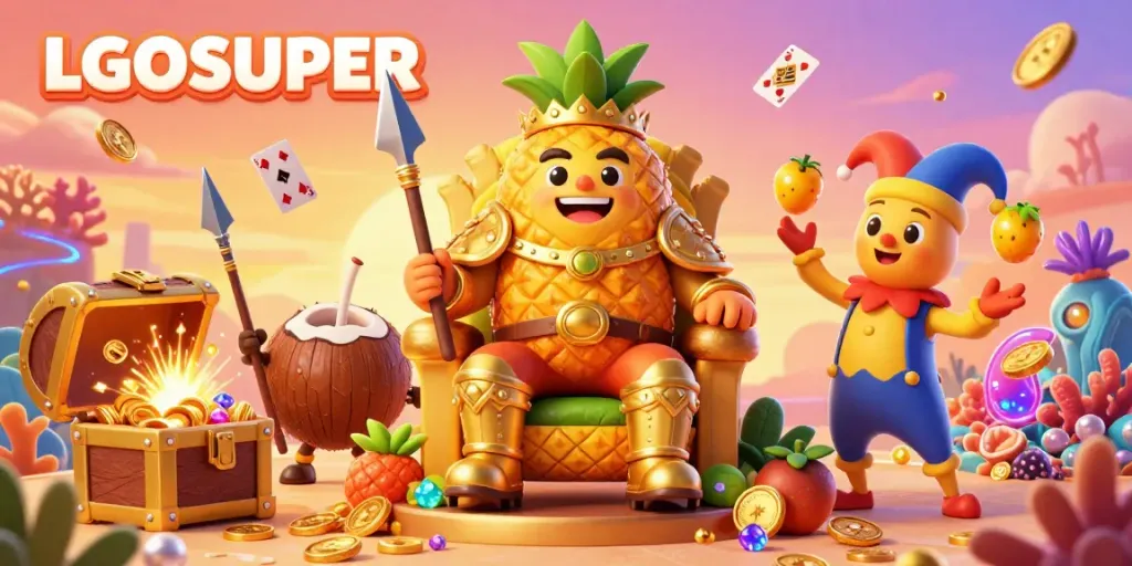 Experience winning moments at LGOSUPER with vibrant casino elements including the golden pineapple king.