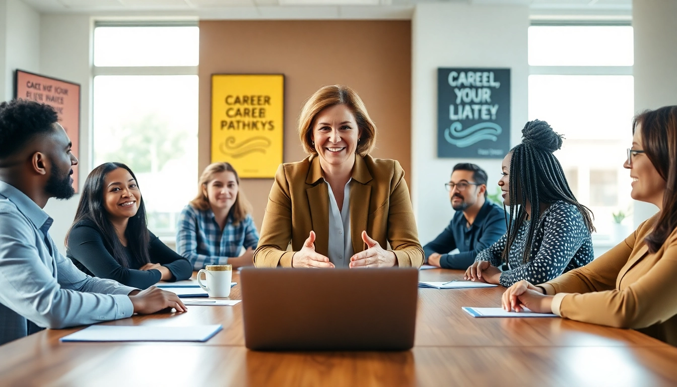 Engaging scene of career coaching with a professional coach guiding clients in a bright office.