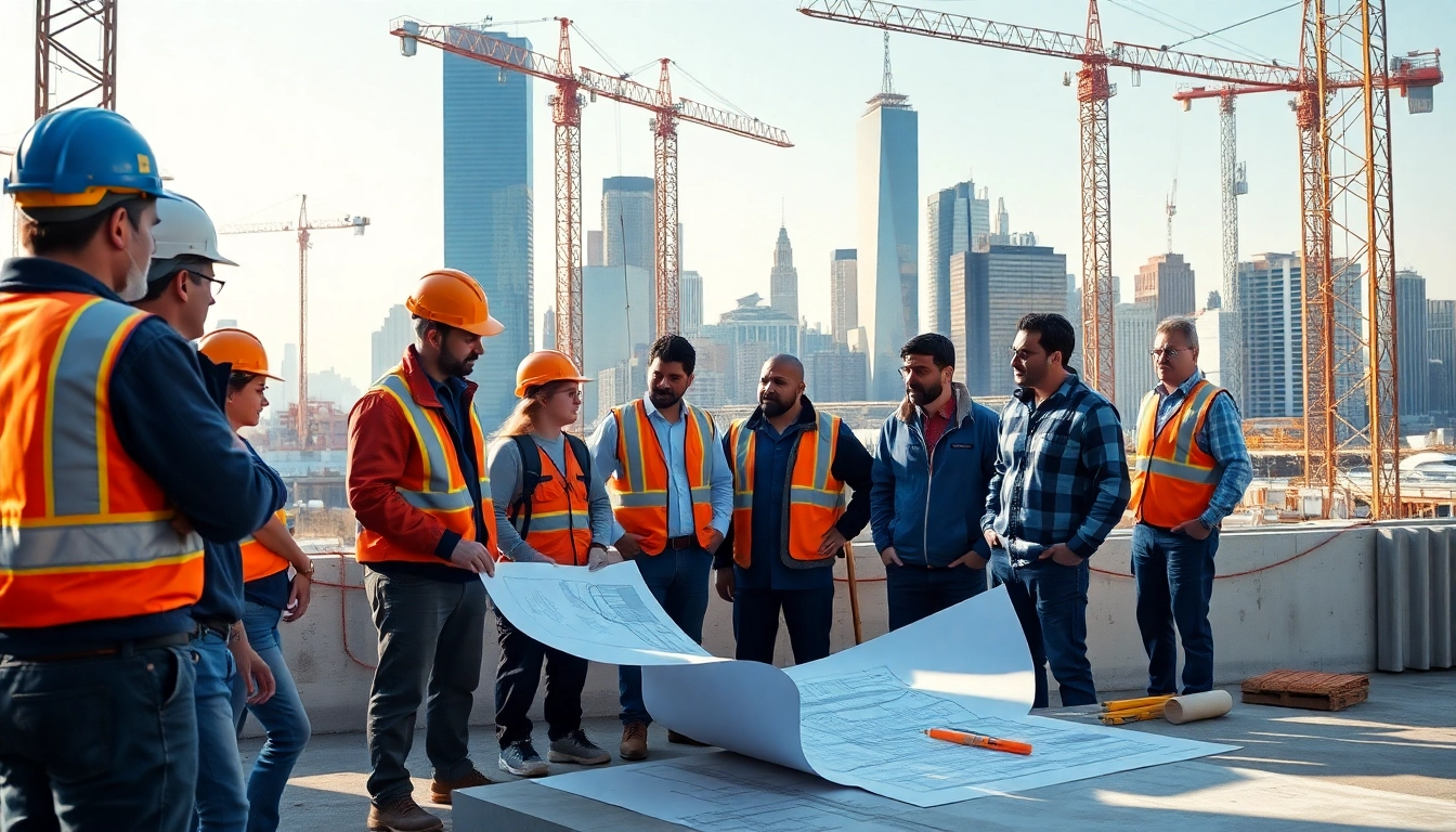 Manhattan Commercial General Contractor analyzing plans with a city skyline backdrop.