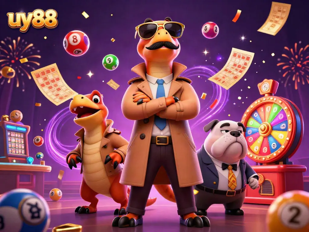 Raptors in a trench coat sneak into a VIP casino lounge, showcasing uy88 excitement with lottery elements.