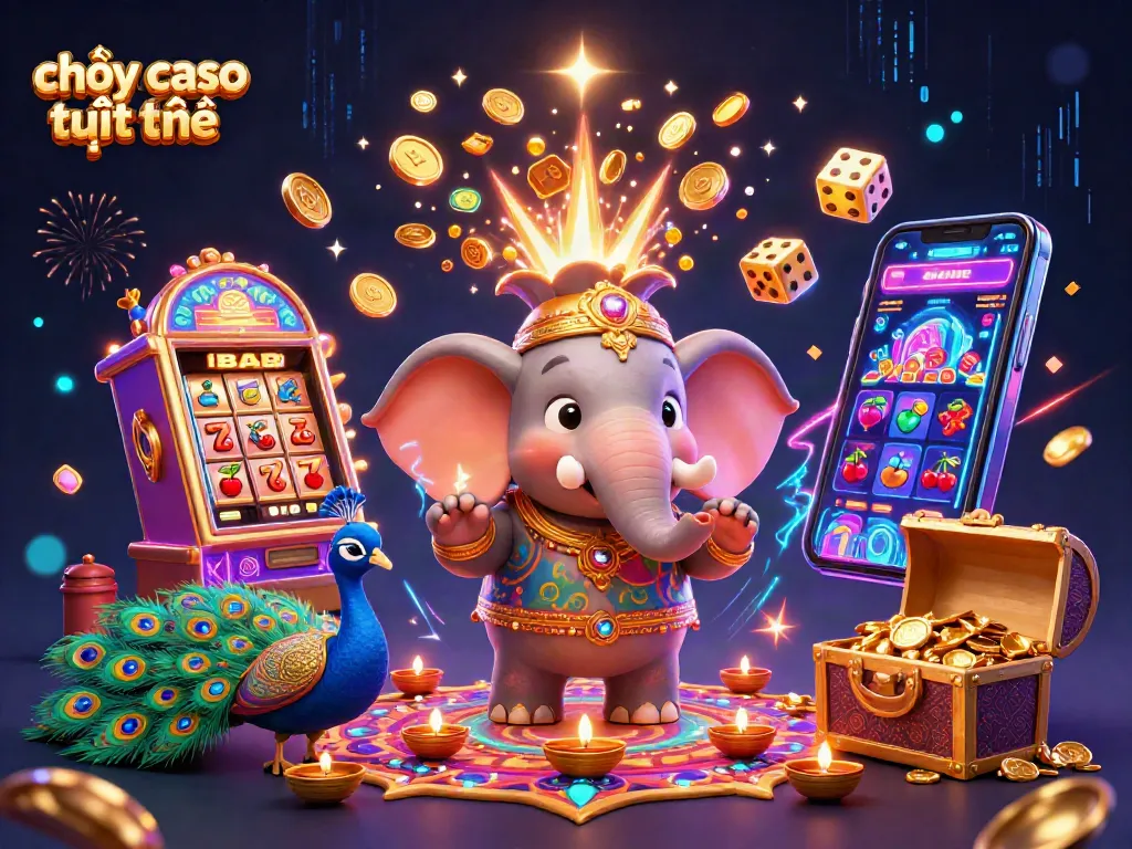 Chơi casino trực tuyến với sòng bạc ảo và các biểu tượng may mắn trong một thế giới huyền ảo.