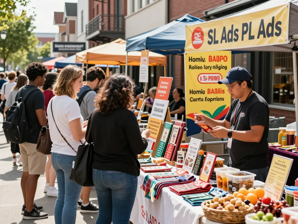 Engaging scene of urban marketplace highlighting SL Ads services through vibrant vendor interactions and community engagement.