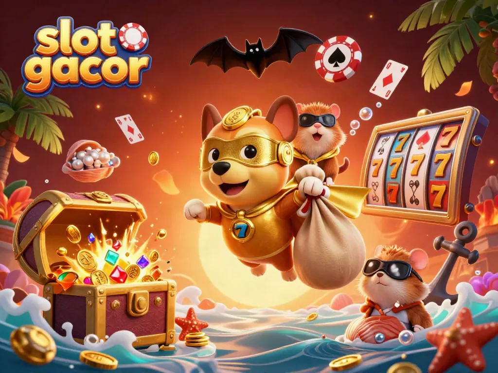 Engage with the excitement of slot gacor through a vibrant 3D illustration featuring a flying superhero dog and treasures.