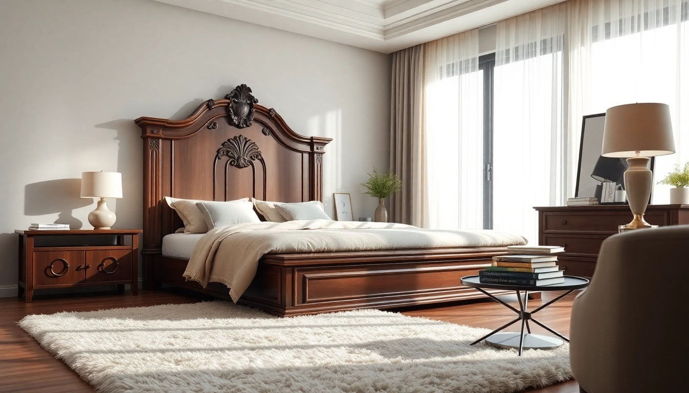 Showcasing a luxurious king size bed frame with intricate detailing in a serene bedroom.