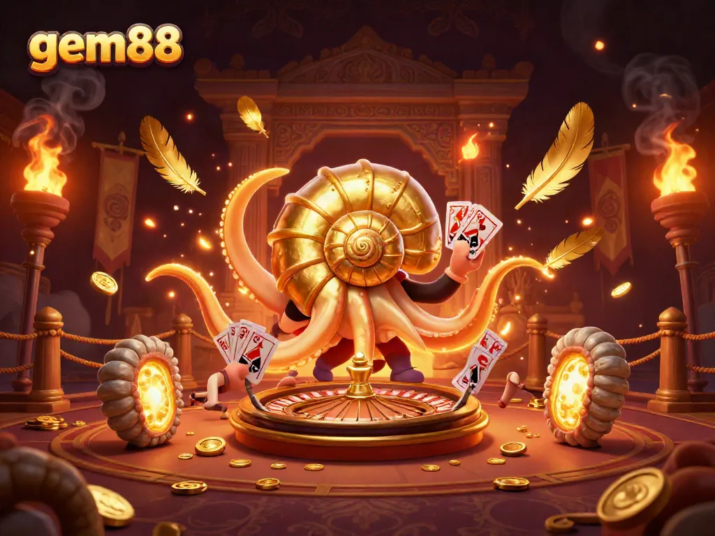 Experience gem88 excitement with a giant nautilus roulette in a vibrant casino scene.