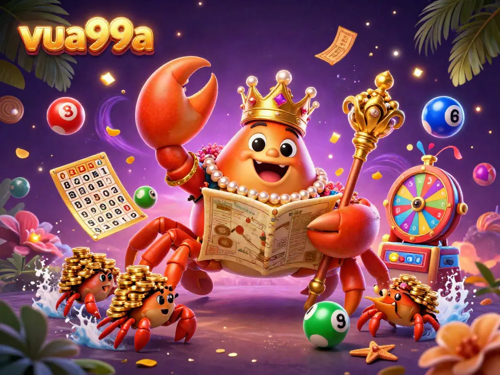 Engage with the vibrant Vua99a casino scene featuring a golden crab emperor amidst a dynamic array of colorful lottery elements.